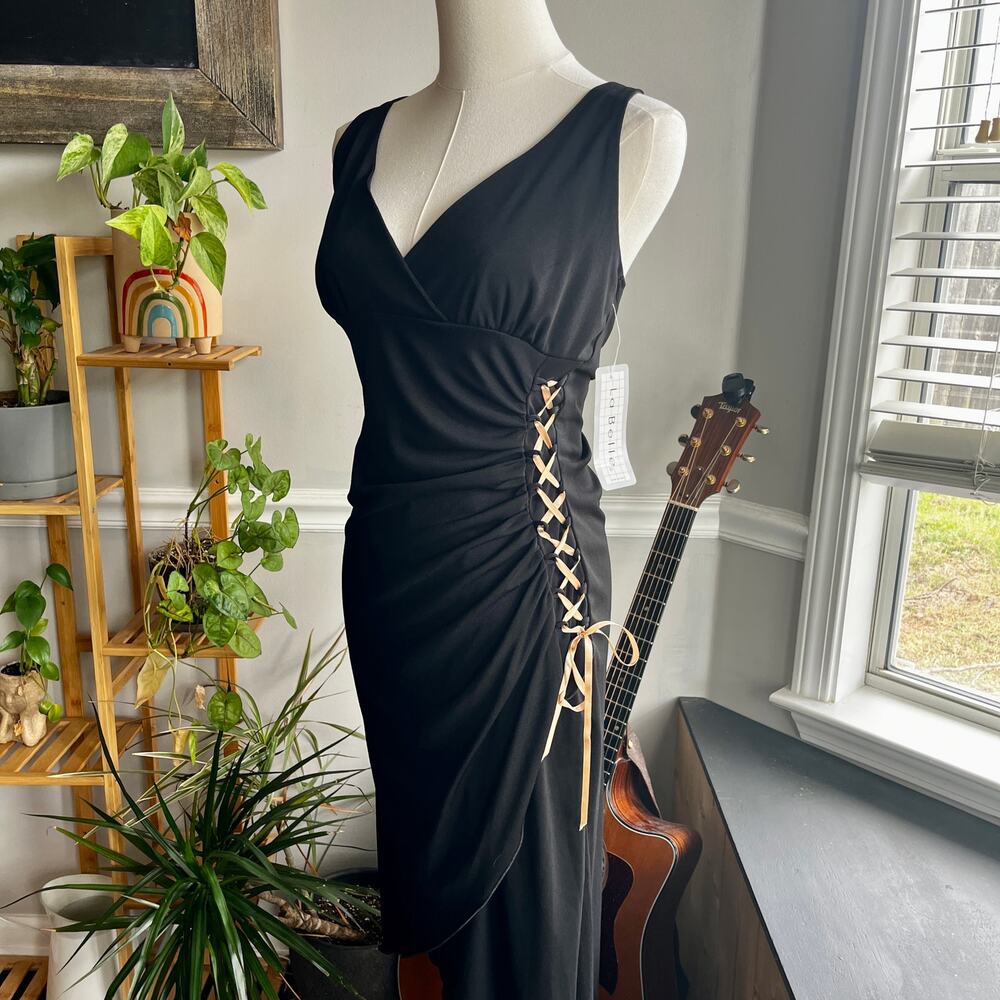 Vintage Y2K Corset Halter Dress Deadstock Black Asymmetrical Size Small